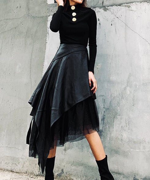 Asymmetric Layered Faux Leather Tulle Skirt